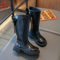 批发儿童马丁靴2023<b class='q'>秋</b>冬款女童洋气蝴蝶结高筒皮靴长靴中大童黑色棉靴