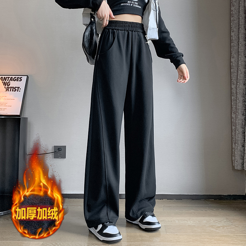 Real shot 2024 winter pure cotton Chinese cotton composite super straight pants sports pants casual plus velvet large size wide leg pants