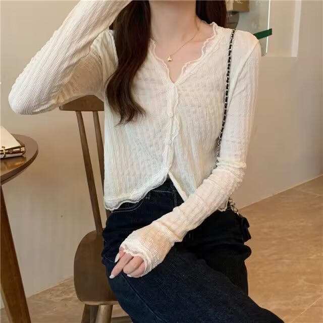 한국 스타일 V넥 레이스 측면 여성 셔츠 오픈 가디건 에어컨 셔츠 재킷 디자인 센스 다용도 달콤함 품격 슬림해 보이는 맨위