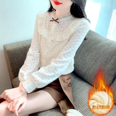 批发立领<b class='q'>蕾丝</b>衬衫女长袖2026秋冬季新款加绒加厚<b class='q'>上衣</b>重工绒感内搭衬衣