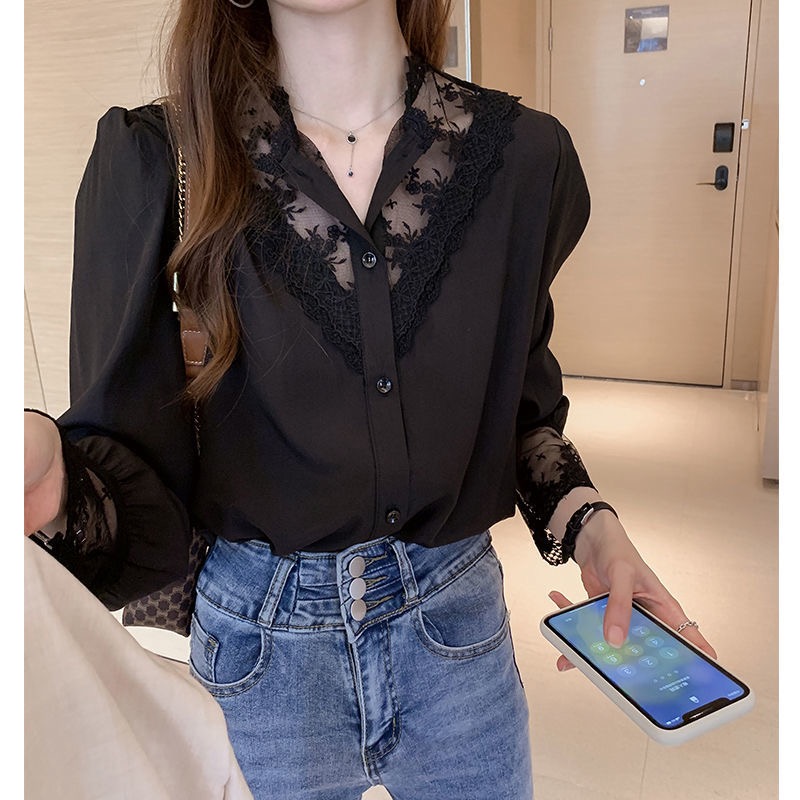 韓系2023秋上新蕾絲打底衫女設計感內搭洋氣心機上衣雪紡拼接襯衫
