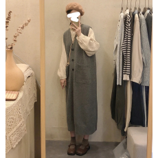 批发韩国chic简约纯色超长款大版V领针织<b class='q'>背心</b>裙马甲连衣裙大板型毛衣