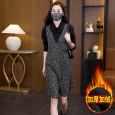 批发大码女装加绒套装裙子秋冬长袖上衣中长款背心裙两件套连衣裙