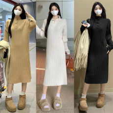批发韩系立领加厚坑条针织<b class='q'>连衣裙</b><b class='q'>女</b>2025冬新款复古中长款套头毛衣裙