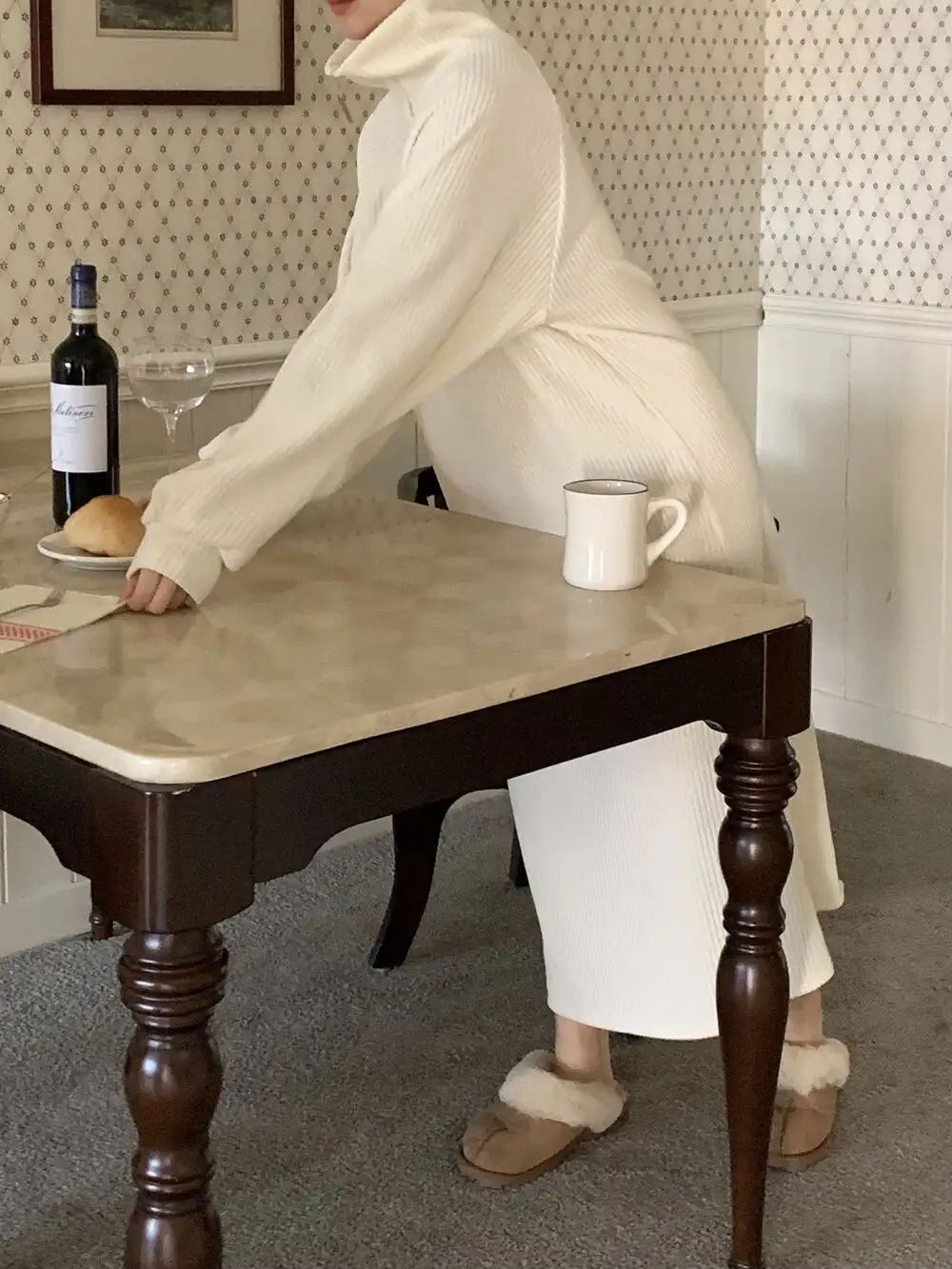 프랑스풍 루즈핏 스탠드 칼라 골지 코듀로이 원피스 상세 이미지 7