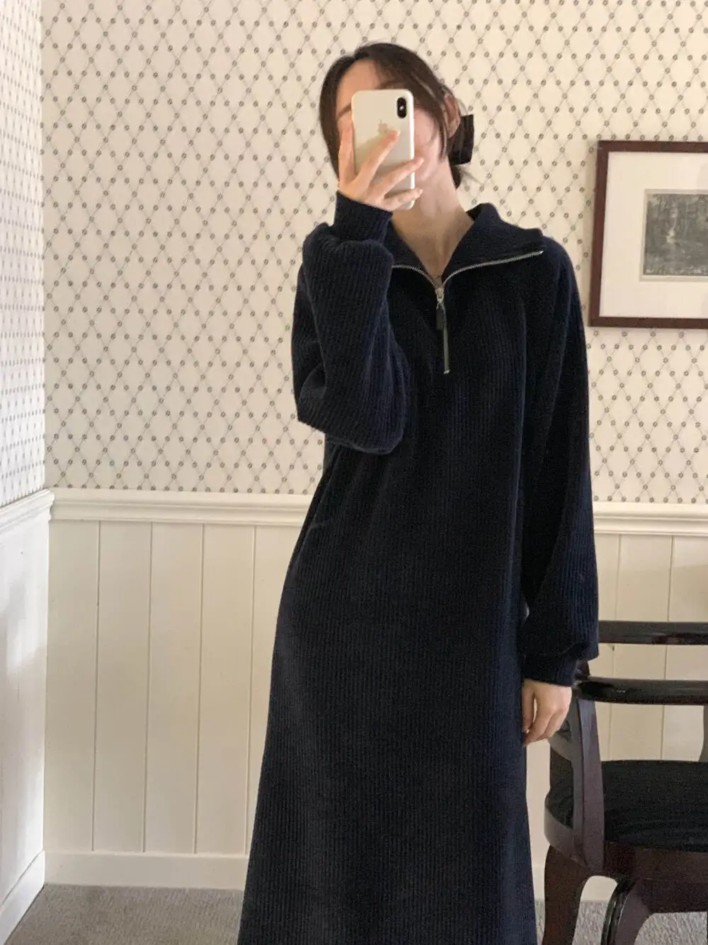 프랑스풍 루즈핏 스탠드 칼라 골지 코듀로이 원피스 상세 이미지 19