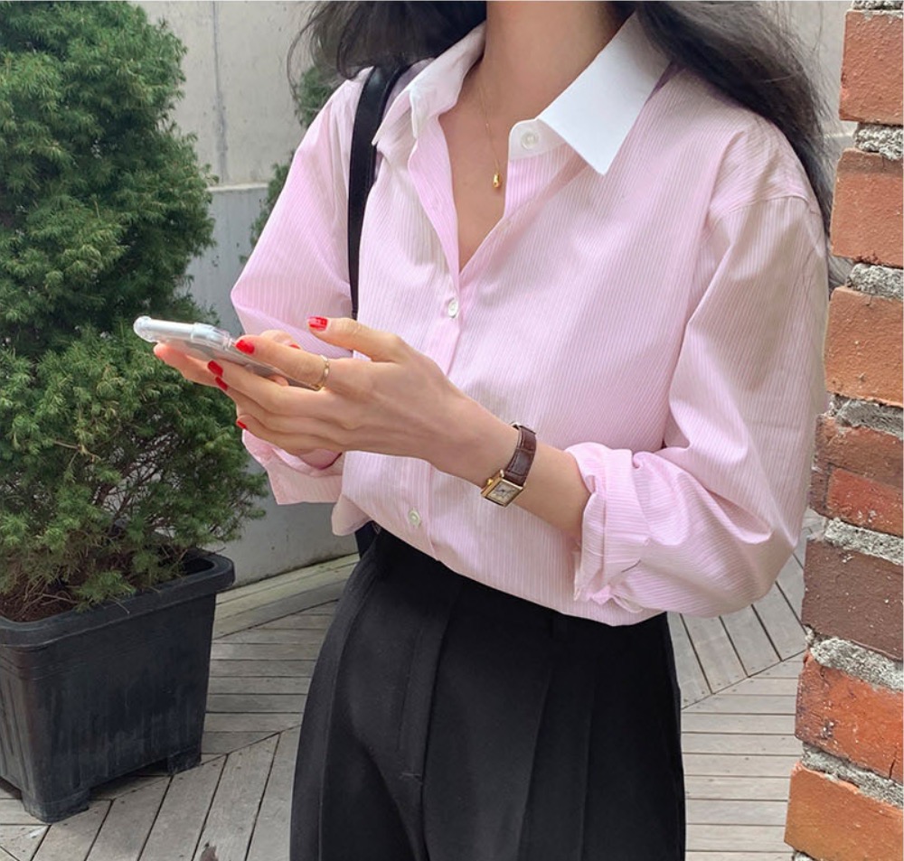 韓國chic春季小眾氣質撞色翻領寬鬆休閒百搭長袖條紋襯衫上衣女