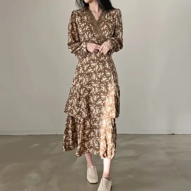 프린팅 V넥 퍼프소매 쉬폰 원피스 상세 이미지 1