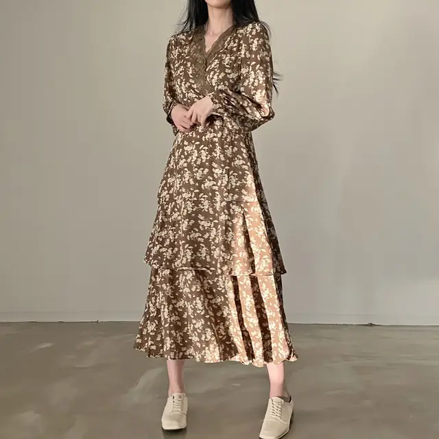 프린팅 V넥 퍼프소매 쉬폰 원피스 상세 이미지 2