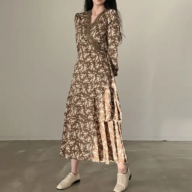 프린팅 V넥 퍼프소매 쉬폰 원피스 상세 이미지 3