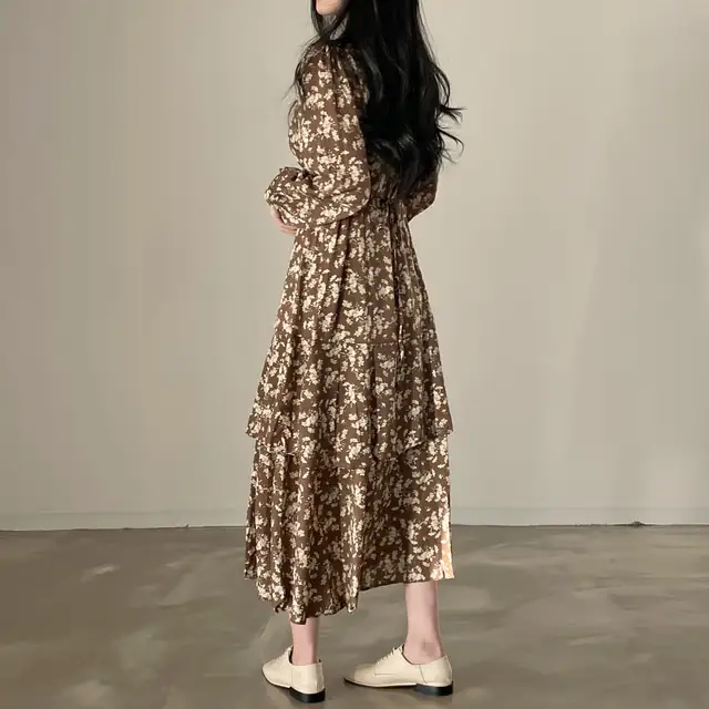프린팅 V넥 퍼프소매 쉬폰 원피스 상세 이미지 4