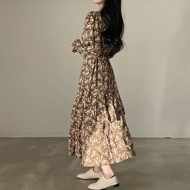 프린팅 V넥 퍼프소매 쉬폰 원피스 상세 이미지 5