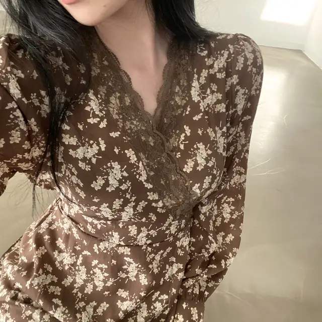 프린팅 V넥 퍼프소매 쉬폰 원피스 상세 이미지 6