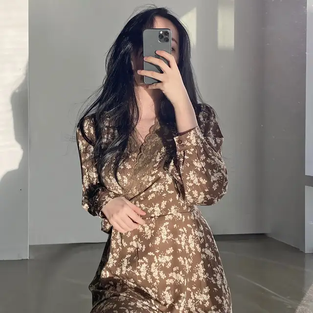 프린팅 V넥 퍼프소매 쉬폰 원피스 상세 이미지 7
