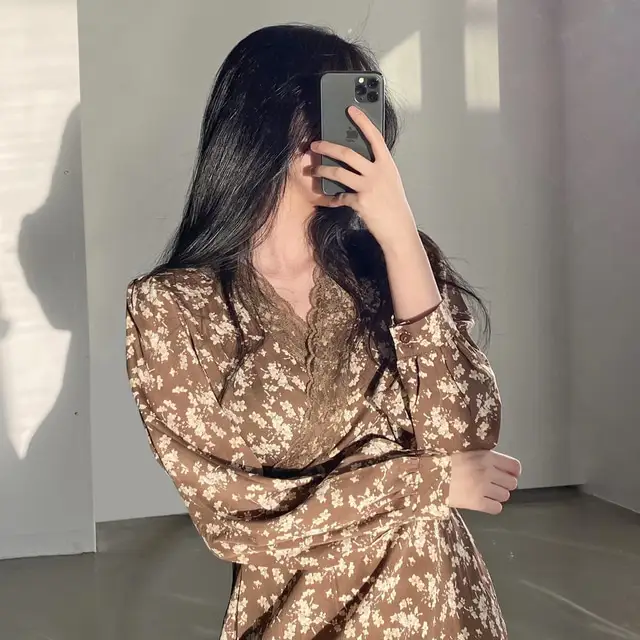 프린팅 V넥 퍼프소매 쉬폰 원피스 상세 이미지 8