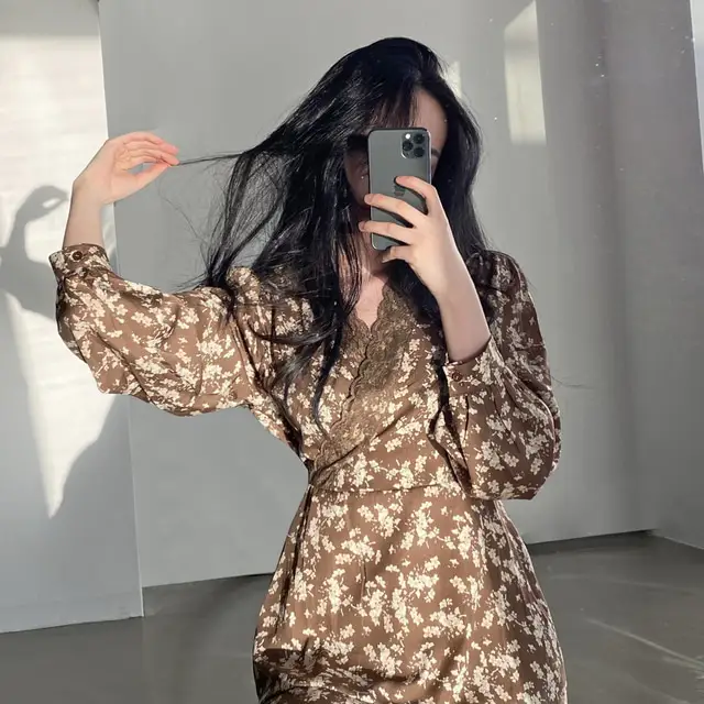 프린팅 V넥 퍼프소매 쉬폰 원피스 상세 이미지 9