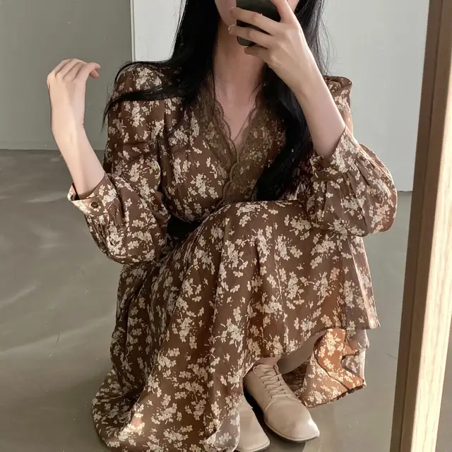 프린팅 V넥 퍼프소매 쉬폰 원피스 상세 이미지 11