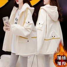 批发官图 100涤 外面酷丝棉内里羊羔绒 加绒加厚连帽工装外套爆款宽松