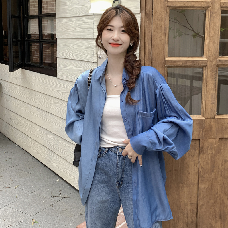 RM25760#韩版小众设计感拼色长袖衬衫新款秋季复古气质高级感上衣