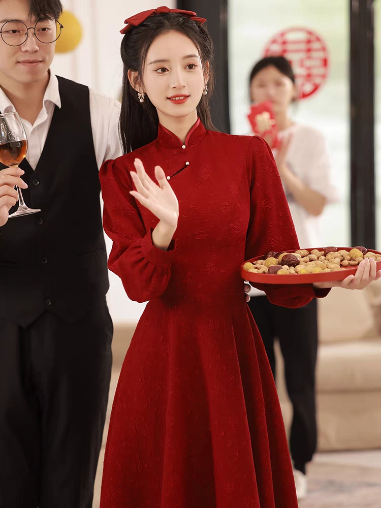 새로운 중식 빨간색 신부 토스트 서비스 2026 치파오 개선 참여 모임 보통 웨어러블 예복 치마