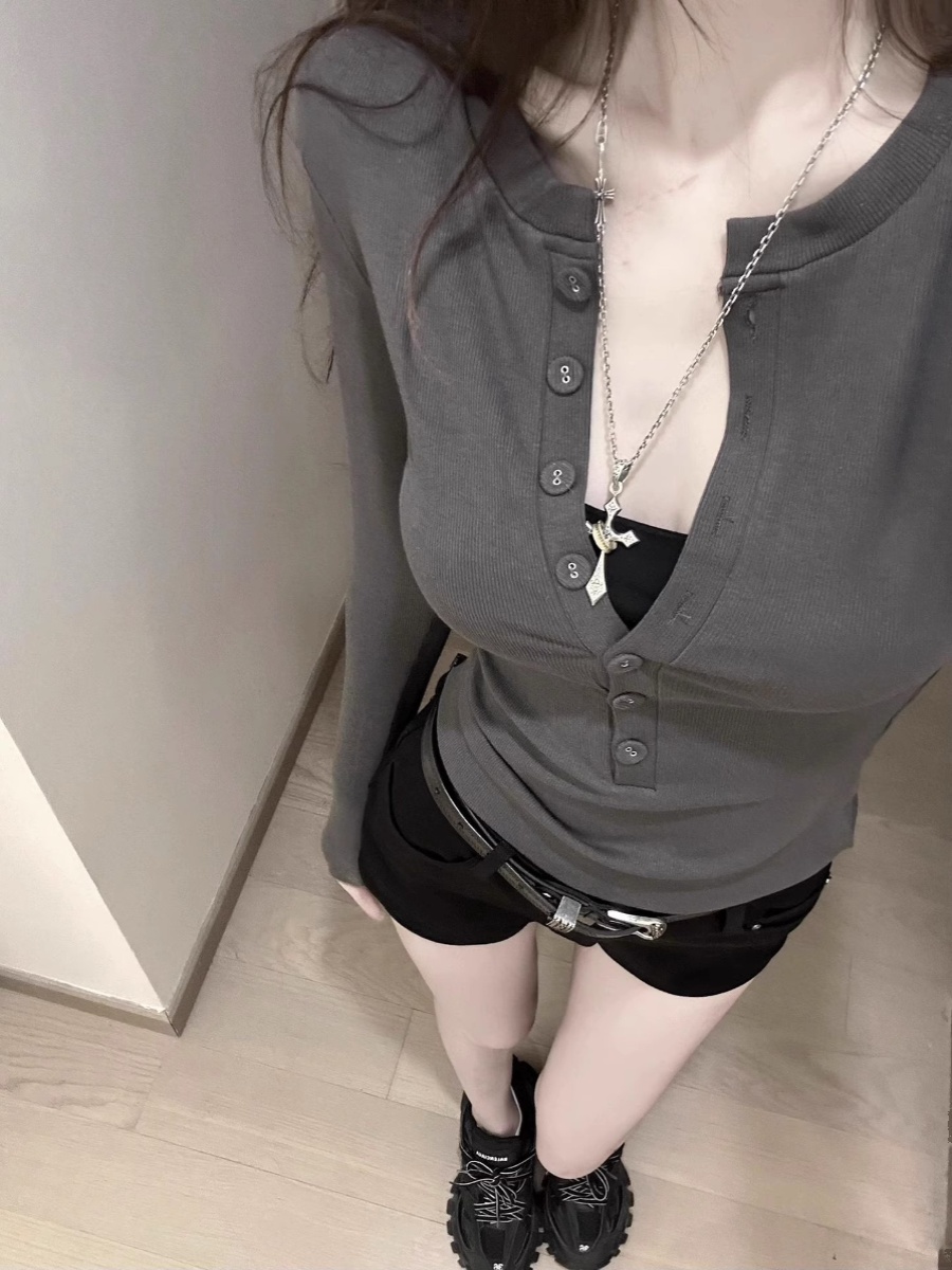 Pure desire gray long-sleeved T-shirt for women in early autumn new design slimming bottoming shirt versatile top