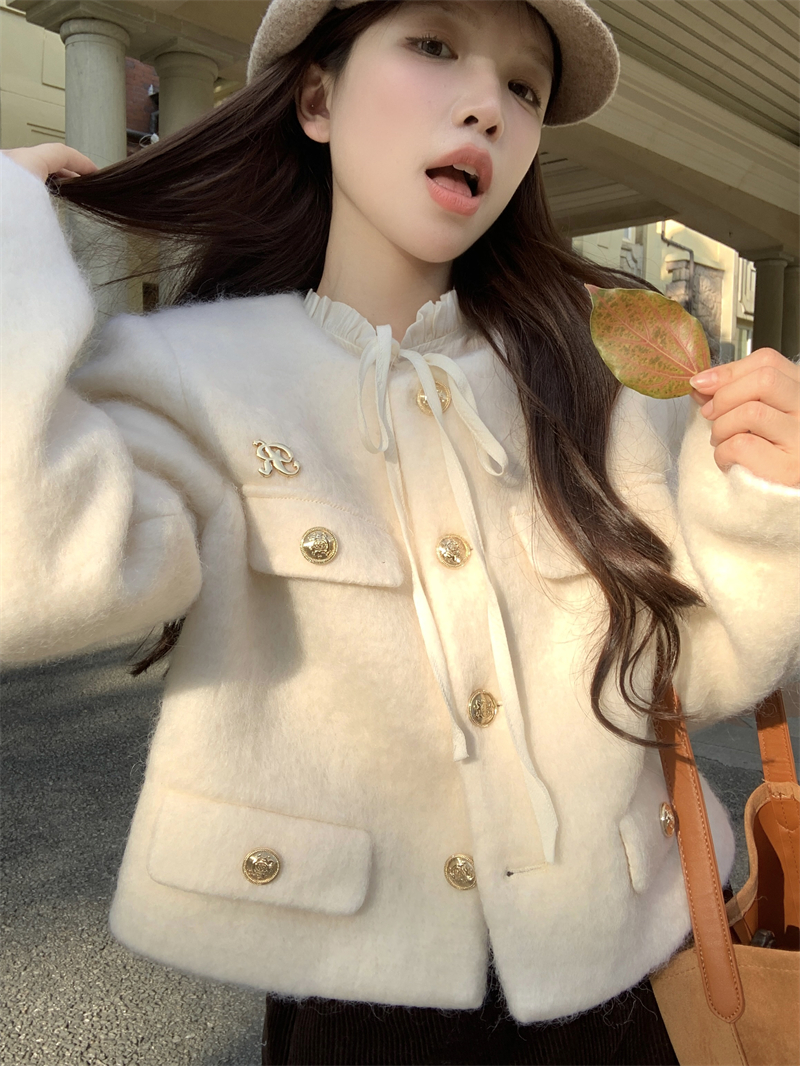 Real shot ~ Wool small fragrant jacket for women in autumn and winter, high-end apricot color short woolen cardigan