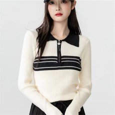 批发2026新款撞色条纹polo领针织衫女<b class='q'>春</b>秋长袖半拉链翻领针织上衣