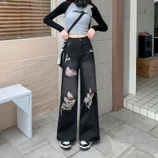 批发实拍实价~美式高街黑色<b class='q'>破洞</b>牛仔裤女夏季新款ins直筒宽松阔腿裤子