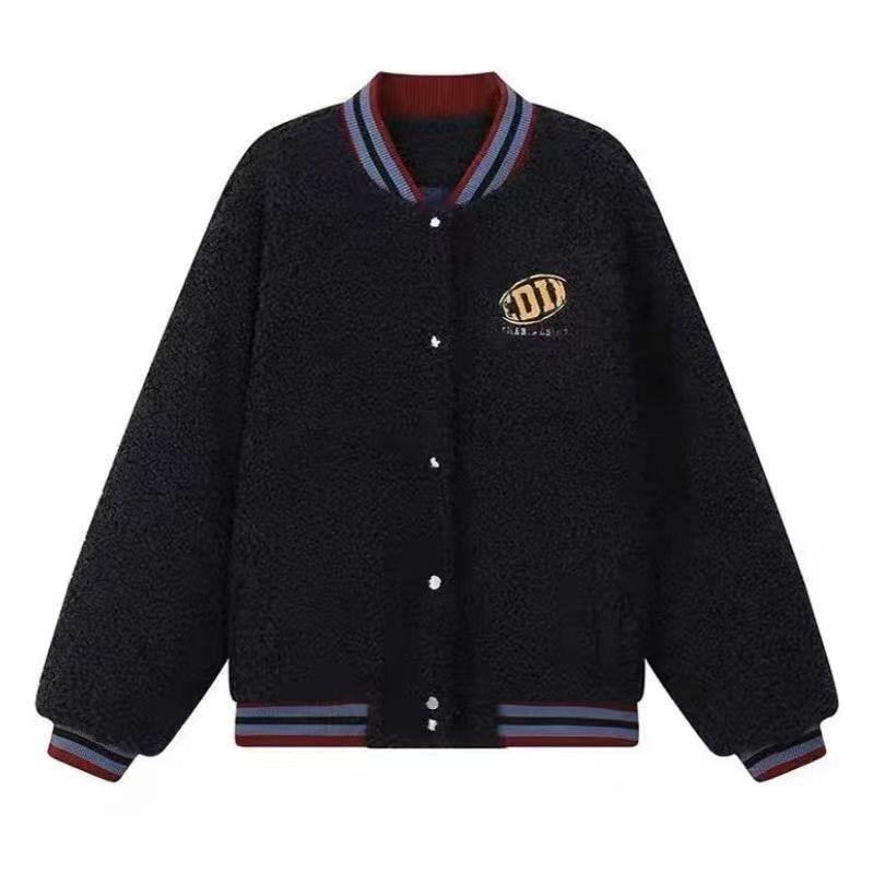  autumn and winter new retro lamb wool jacket, lamb velvet thickened and warm Korean style casual baseball uniform jacket trend