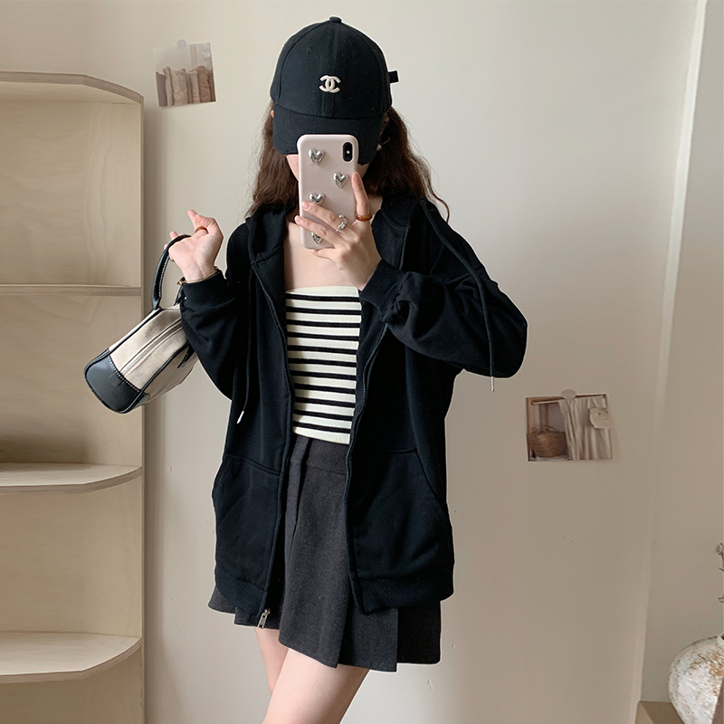 實拍美式復古灰色拉鏈連帽衛衣外套女春秋薄款慵懶風秋冬棒球服