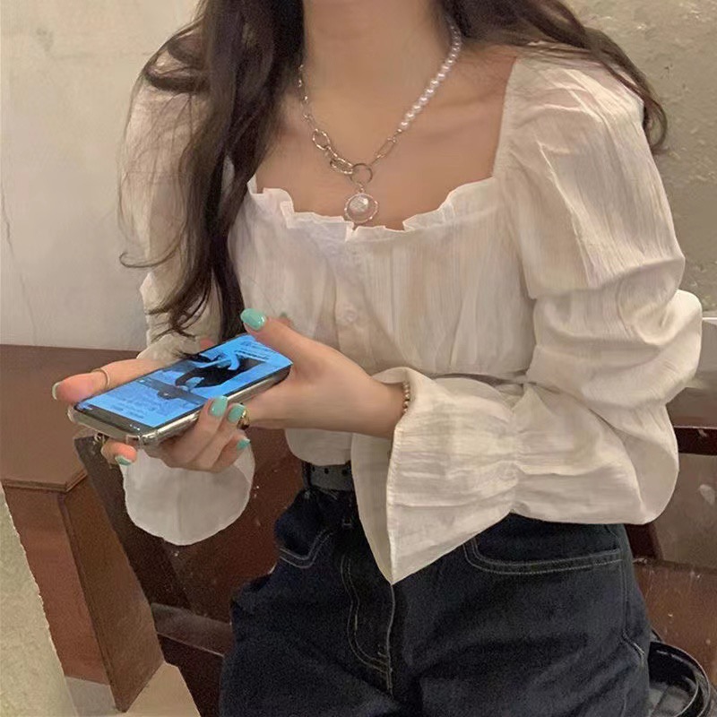 甜美氣質溫柔風方領襯衫女春秋設計感小眾法式復古別致泡泡袖上衣