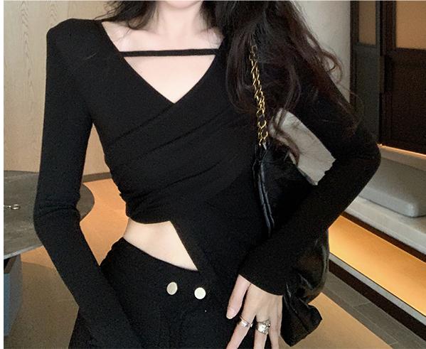 Irregular design cross v-neck long-sleeved T-shirt for women  autumn hot girl bottoming shirt waist slimming top