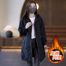批发大码女装连帽<b class='q'>风衣</b>长袖外套2025冬装胖MM宽松显瘦黑色中长款棉衣女