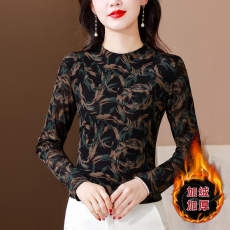 批发实拍打底衫女2025冬季新款长袖半高领网纱印花遮肉减龄<b class='q'>妈妈</b>装上衣