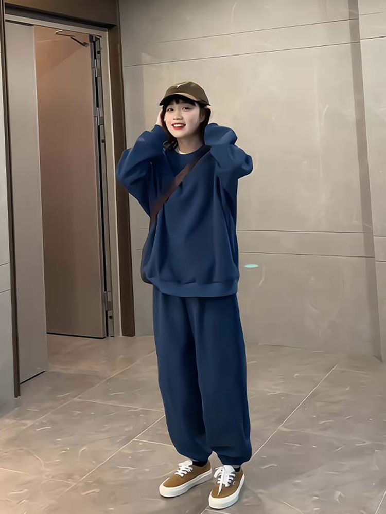 Sports sweatshirt suit for women autumn and winter silver fox velvet black loose slim plus velvet thickened casual two-piece running suit