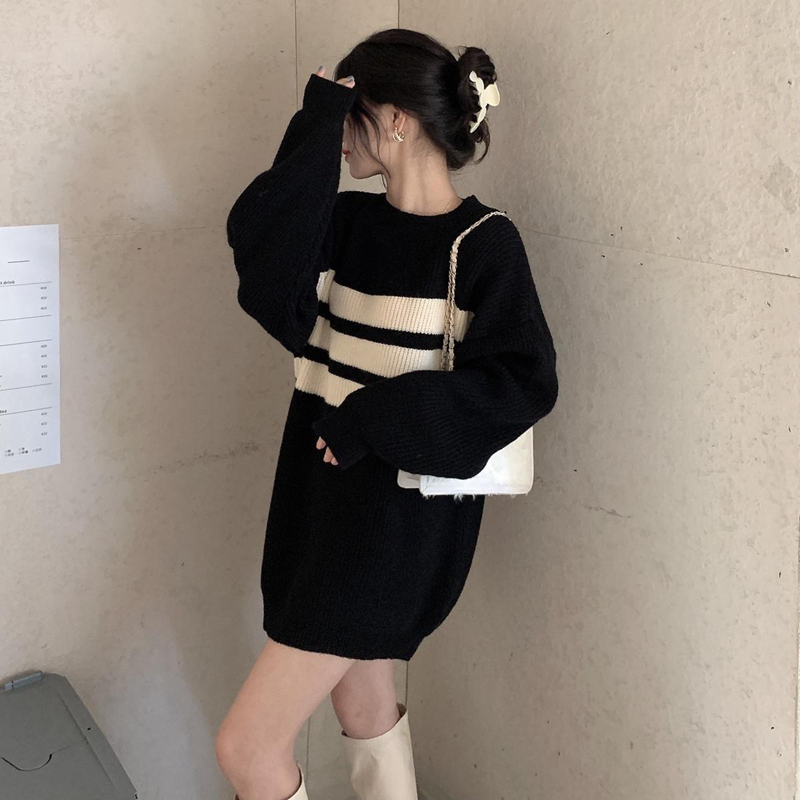 慵懶風日系條紋中長款毛衣女秋冬2023新款高級感寬鬆長袖針織上衣