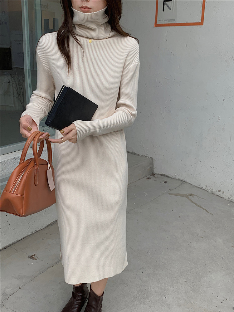 Korean style pile collar knitted sweater for women in autumn and winter thickened lazy style high collar long slit inner bottoming dress