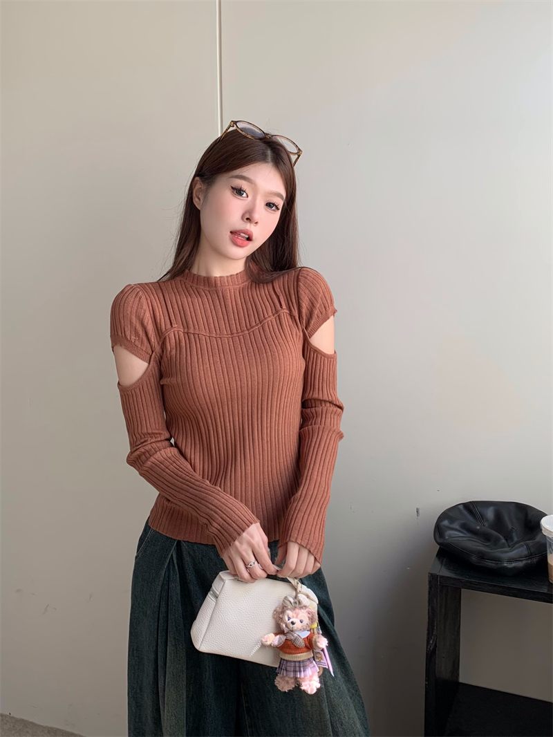 實拍設計感鏤空秋冬內搭長袖半高領針織衫女小眾修身顯瘦上衣