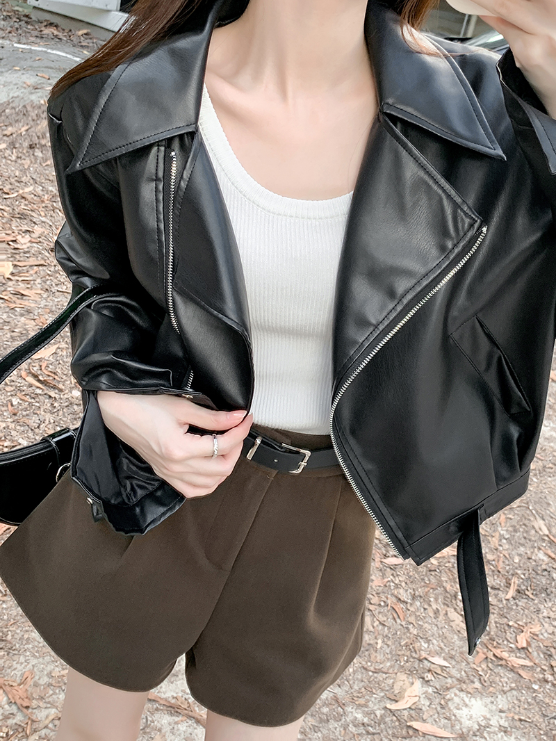 Actual shot~Black PU motorcycle leather jacket women's short new suit collar zipper long-sleeved jacket top