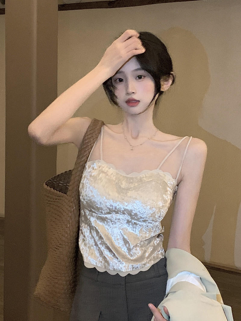 實拍~春款~性感絲絨小吊帶背心女內搭外穿純欲打底上衣