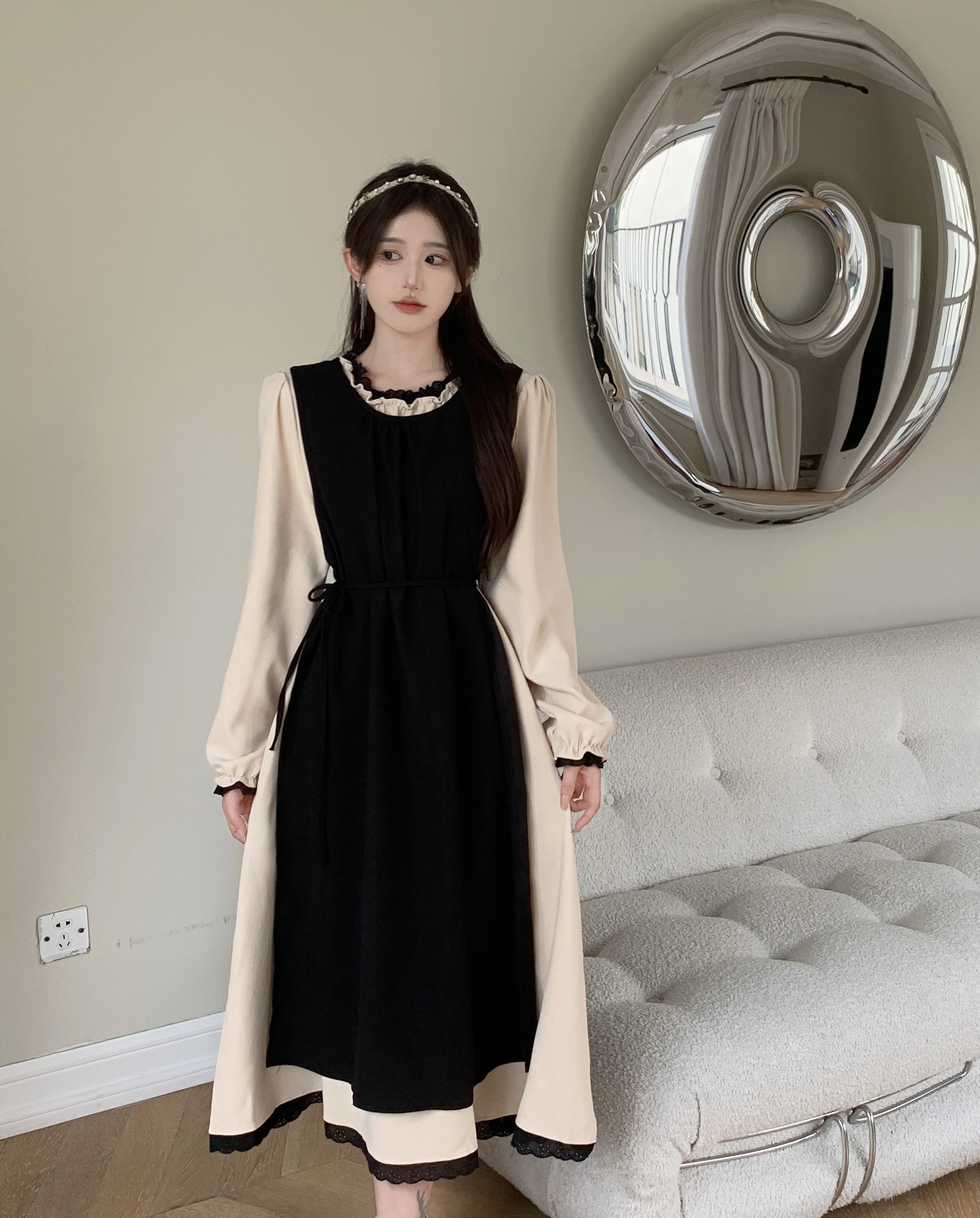 RM25842#法式温柔气质黑色连衣裙高级感拼接显瘦长裙两件套装
