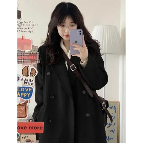 고급 센스 검정색 긍정적 인 어깨 모직 여성 코트 겨울 2026 새로운 작은 키 그는 벤 바람 모직 코트 두꺼운