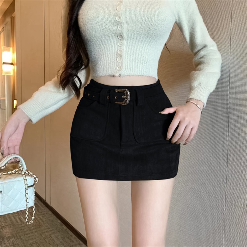 Actual shot of Maillard retro khaki suede high-waisted A-line high-end versatile hip-hugging short skirt