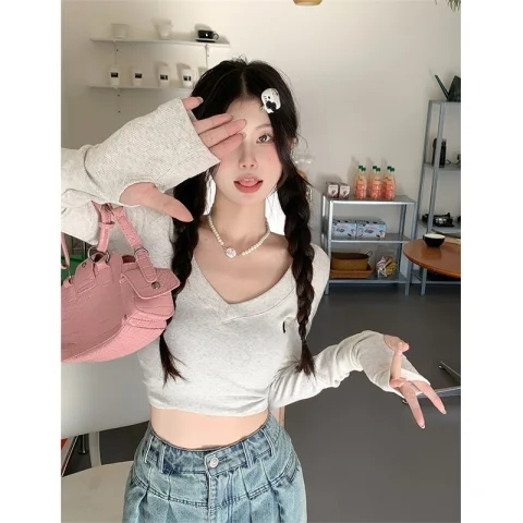 棉螺紋 時尚超火辣妹純欲風V領t恤女秋季新款短款緊身顯瘦上衣潮