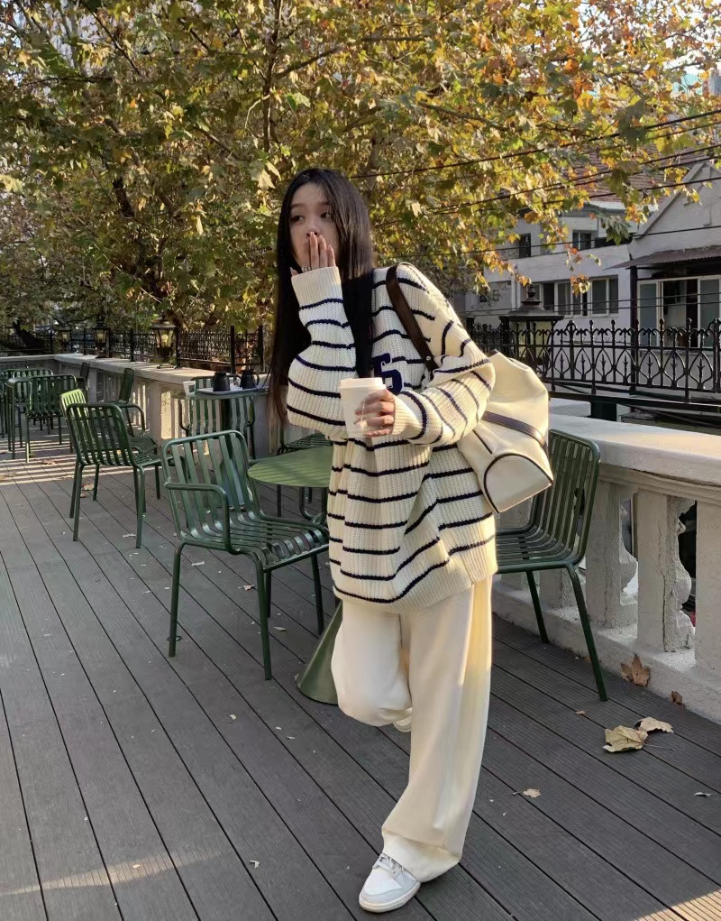 韓版條紋毛衣女秋冬古着日系慵懶風復古高級感溫柔風軟糯外套