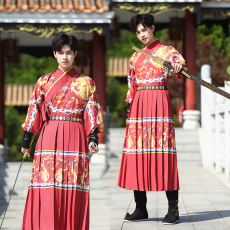 批发原创新款汉服<b class='q'>男</b>女同款国风红飞鱼服龙纹霸气锦衣卫定位压褶表演服