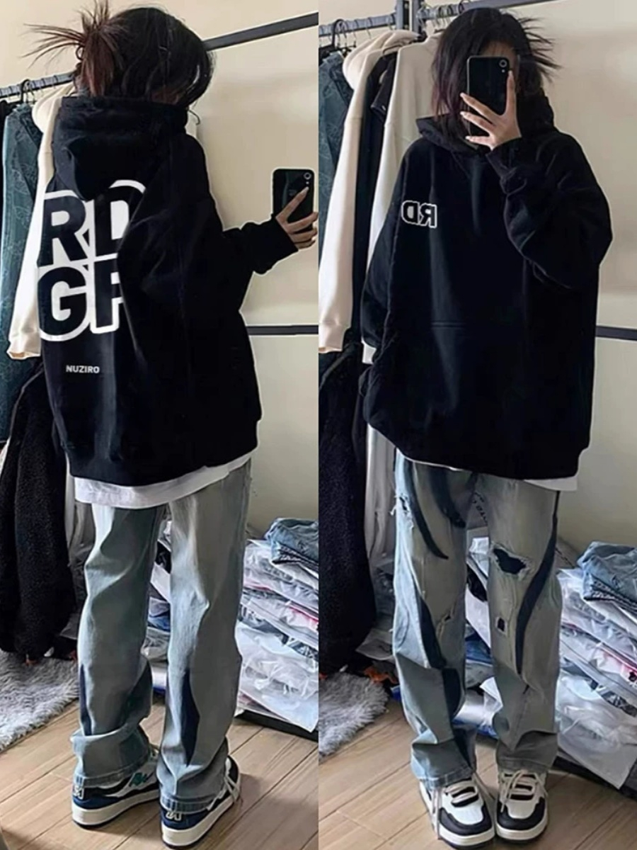 Official picture Korean version hiphop trendy brand black hooded sweatshirt for women autumn and winter loose oversize lazy versatile top