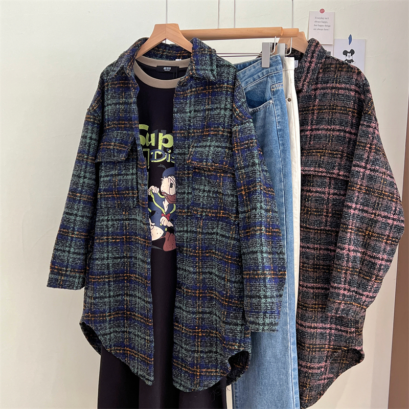 Retro lapel plaid shirt women's autumn and winter mid-length casual top  new loose thickened woolen jacket