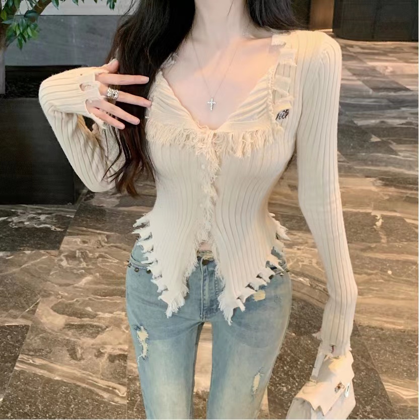  Autumn and Winter New Tassel American Hot Girl Tassel Brown Cardigan Sweater Jacket Women's Woolen Knitted Sweater