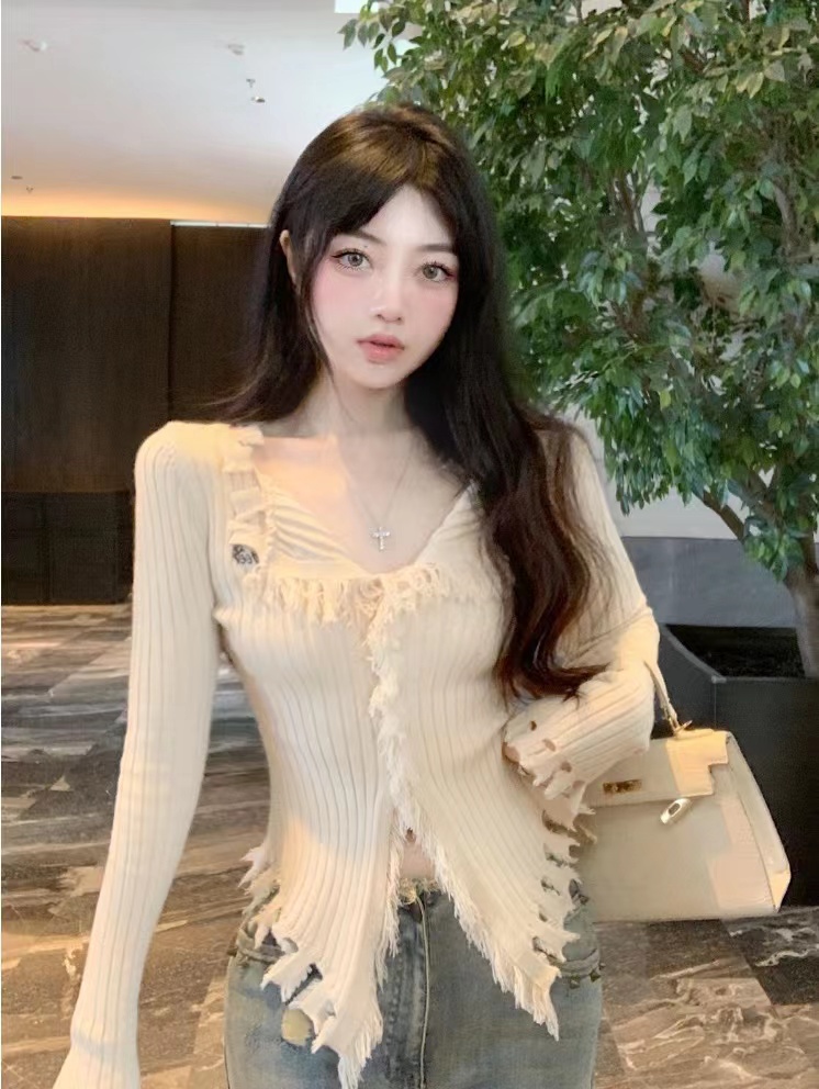  Autumn and Winter New Tassel American Hot Girl Tassel Brown Cardigan Sweater Jacket Women's Woolen Knitted Sweater